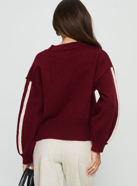 back view of model wearing Princess Polly Catherin Crew Neck Knit Sweater Red / White Cropped Jumpers 