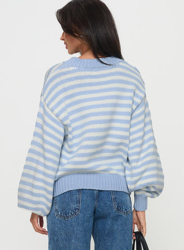 Harmony Balloon Sleeve Knit Sweater Blue / White Stripe