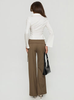 back view of model wearing Princess Polly Cedrina Eyelet Fitted Suit Pants Green Pinstripe Low Rise Pants 