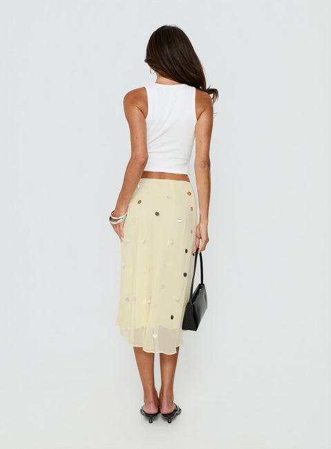 back view of model wearing Princess Polly Kessiah Sequin Midi Skirt Yellow Skirts 