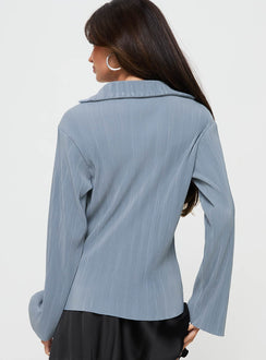 back view of model wearing Princess Polly Louie Pleated Shirt Blue Full Sleeves V-Neck 