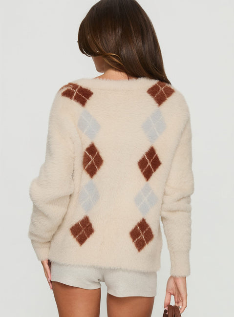 back view of model wearing Princess Polly Nancey Argyle Knit Cardigan Cream Multi Longline Jumpers 