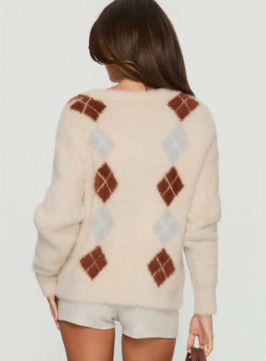 Nancey Argyle Knit Cardigan Cream Multi