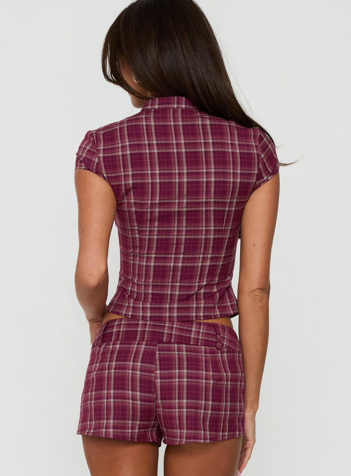 Jaylanni Keyhole Blouse Top Plum Check