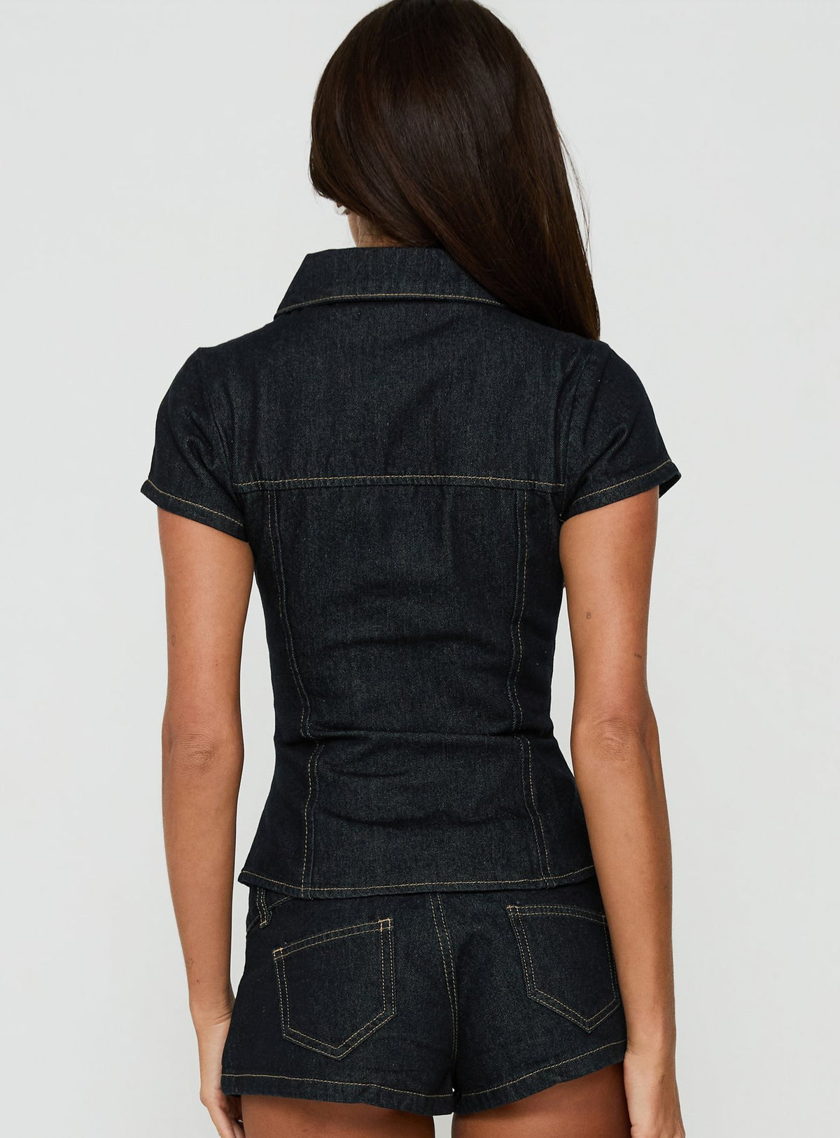 Raminna Zip Front Collared Top Raw Denim