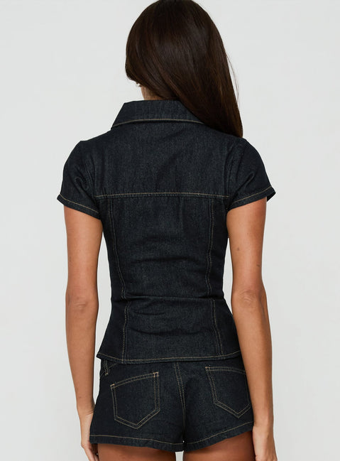 Raminna Zip Front Collared Top Raw Denim