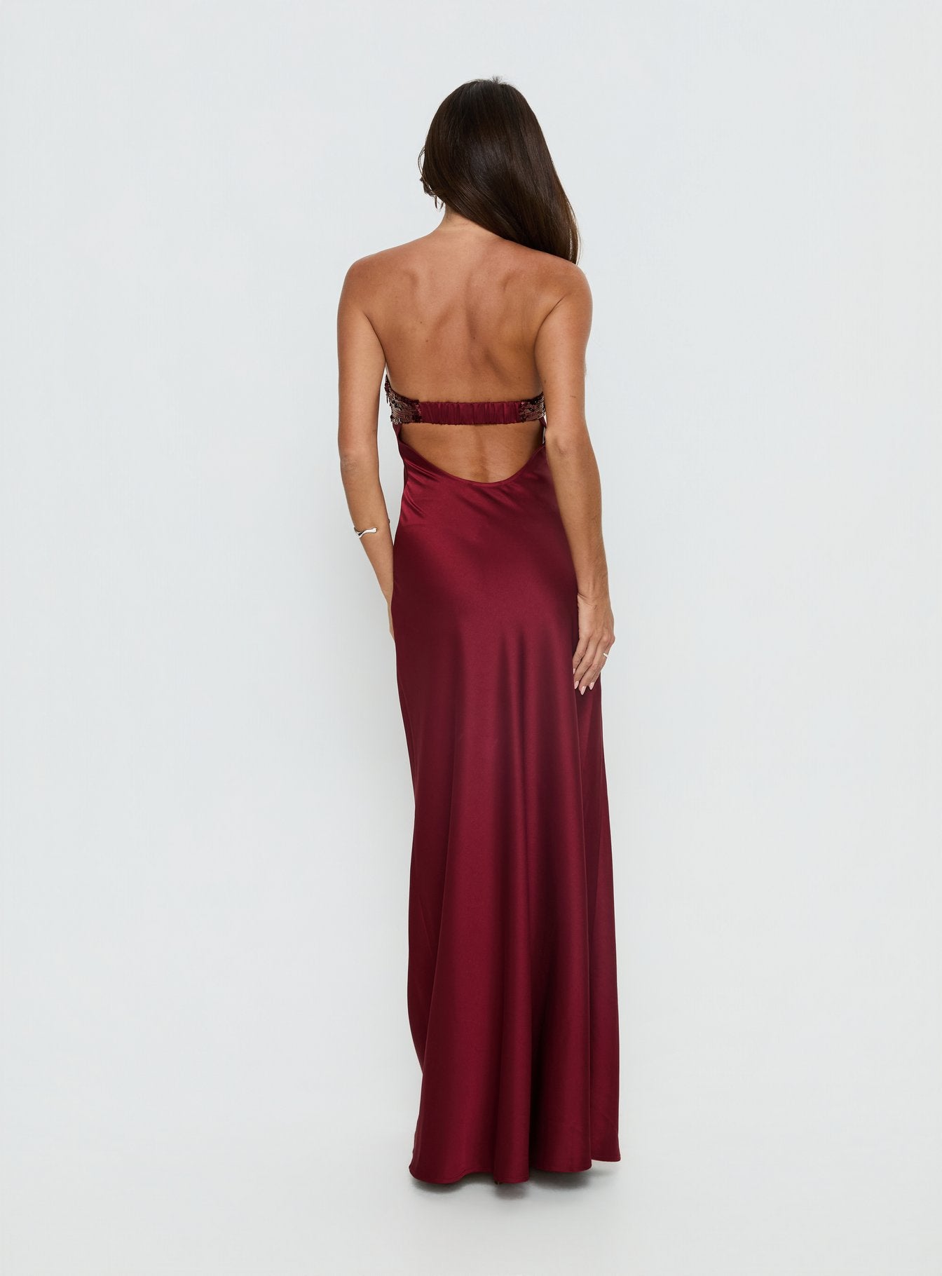 See The Vision Sequin Bust Strapless Maxi Dress Burgundy