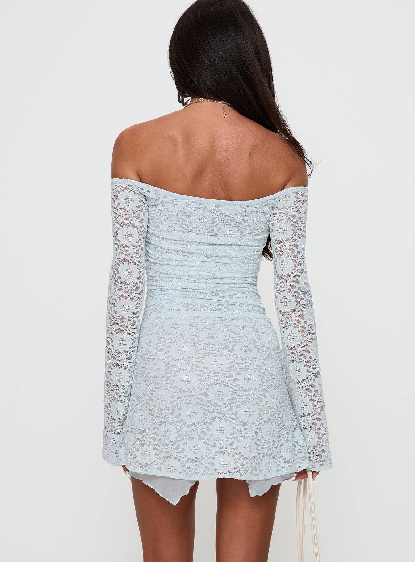 back view of model wearing Princess Polly Marceleine Long Sleeve Mini Dress Baby Blue Straight Neck 