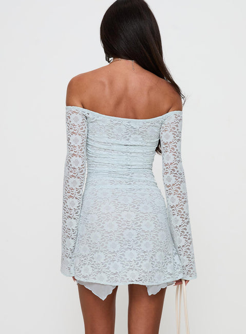 back view of model wearing Princess Polly Marceleine Long Sleeve Mini Dress Baby Blue Straight Neck 