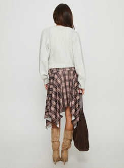 back view of model wearing Princess Polly Scholar Asymmetrical Midi Skirt Brown Check Midi Skirts 