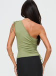 back view of model wearing Princess Polly Brekky One Shoulder Top Green Sleeveless Asymmetric Neckline 