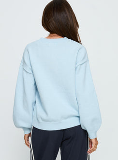 back view of model wearing Princess Polly Ranee Graphic Knit Sweater Blue 