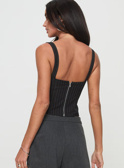 back view of model wearing Princess Polly Melvin Corset Top Black Stripe Sleeveless Square Neck 