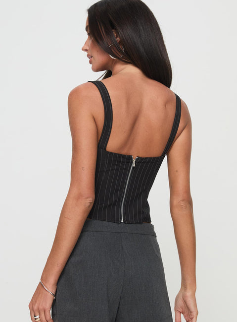 back view of model wearing Princess Polly Melvin Corset Top Black Stripe Sleeveless Square Neck 