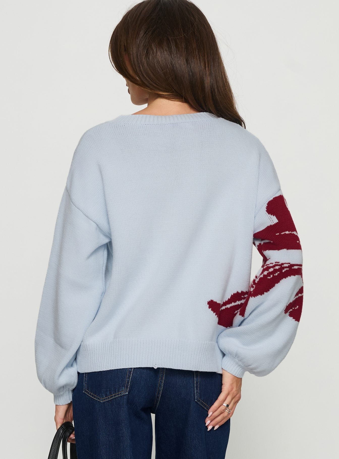 back view of model wearing Princess Polly Jalenn Floral Knit Cardigan Blue / Red Cropped Jumpers 