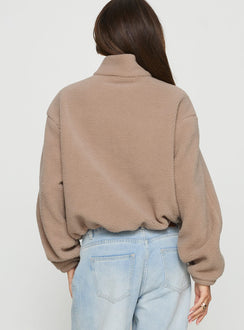 back view of model wearing Princess Polly Icy Days Fleece Quarter Zip Jumper Light Brown Cropped Jumpers 