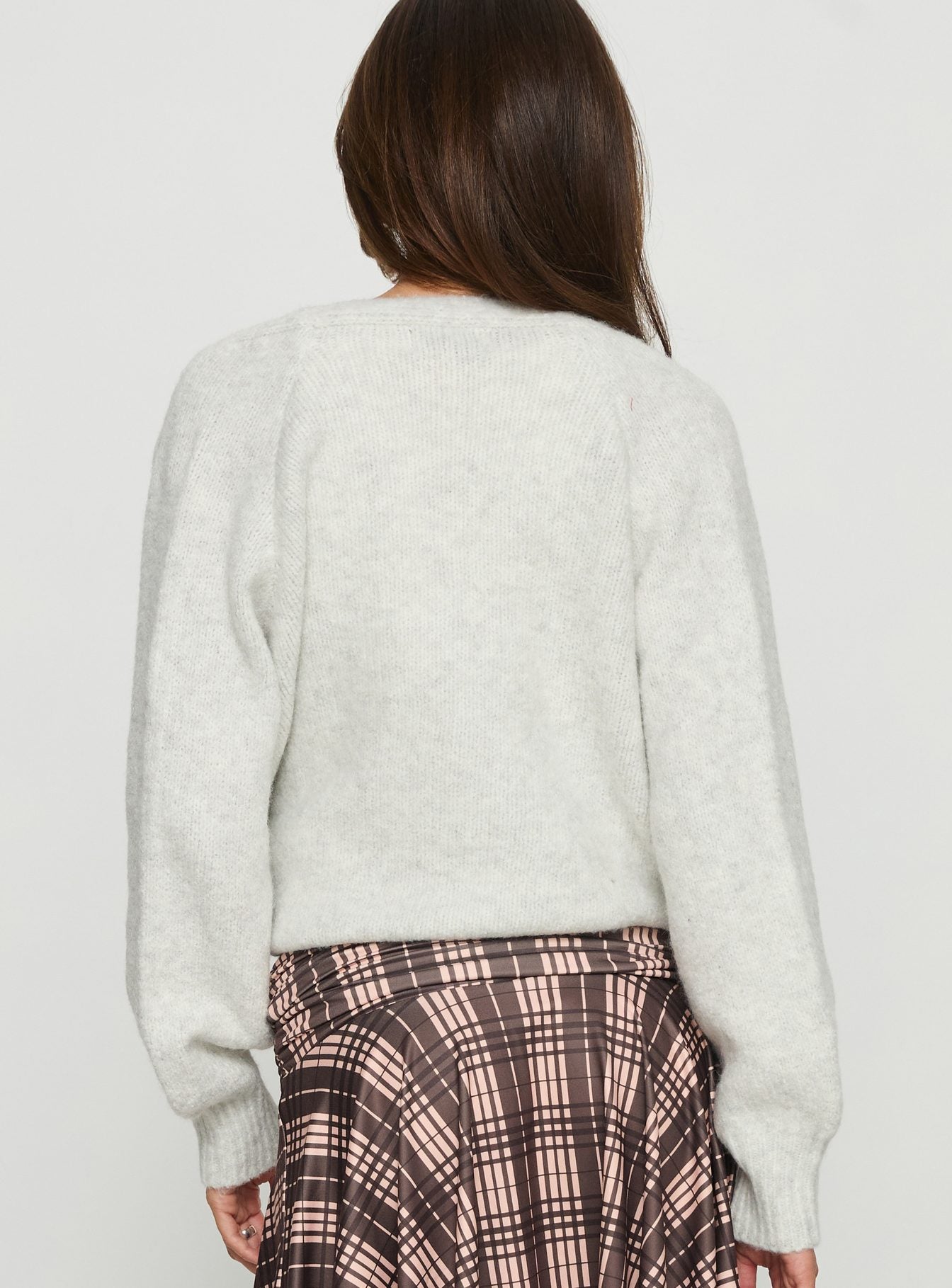 back view of model wearing Princess Polly Daelan Wrap Knit Cardigan Grey Marle cropped 