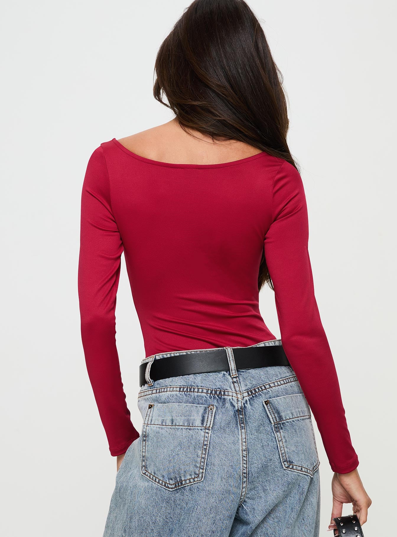 back view of model wearing Princess Polly Ellery Bodysuit Red Long Sleeve Tops 