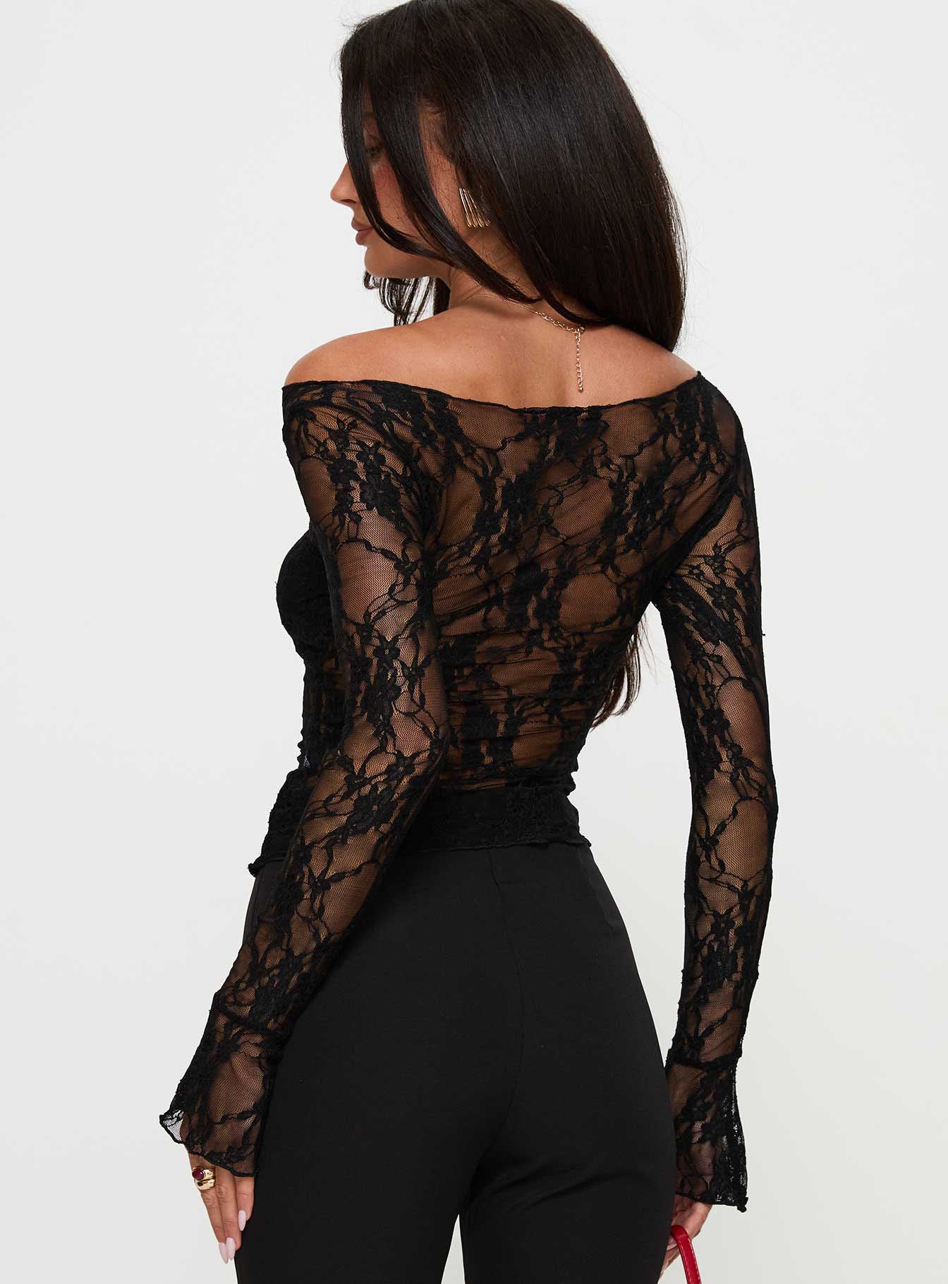 back view of model wearing Princess Polly Junah Sheer Lace Long Sleeve Top Black Full Sleeves Boat Neck 