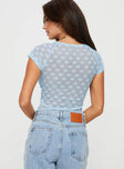 back view of model wearing Princess Polly Stangard Lace Top Blue Short Sleeves Scoop Neck 