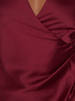 Landree Wrap Halter Satin Mini Dress Burgundy