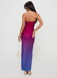 back view of model wearing Princess Polly Stolen Love Strapless Maxi Dress Pink / Purple Ombre Straight Neck 