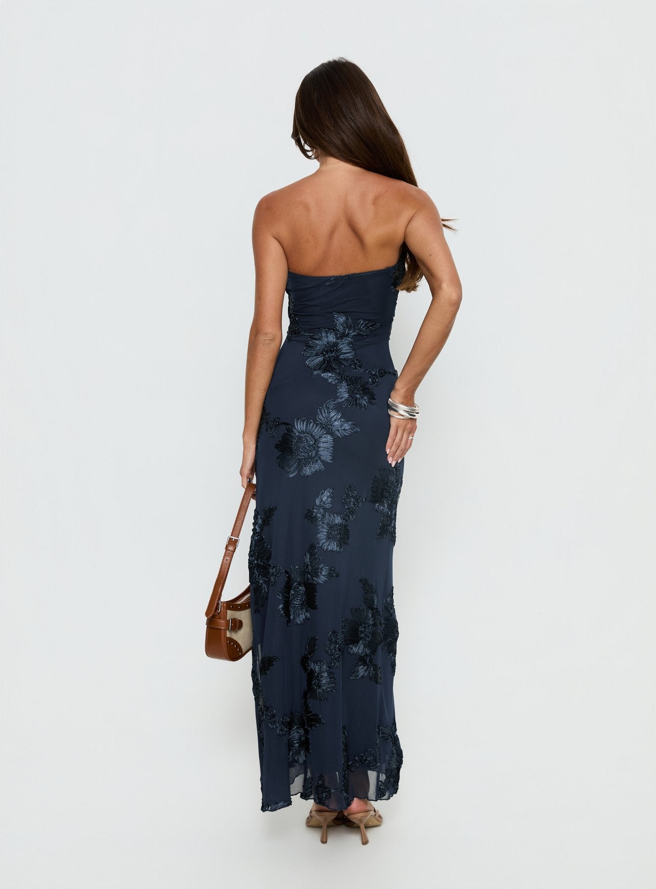 navy blue floral maxi dress Azazie Floor-Length Dresses Column Wedding Guest Formal Dresses Straight 3D Flowers and Multi ruffled short sleeves NicoBlu Angelina Maxi Crinkle Chiffon