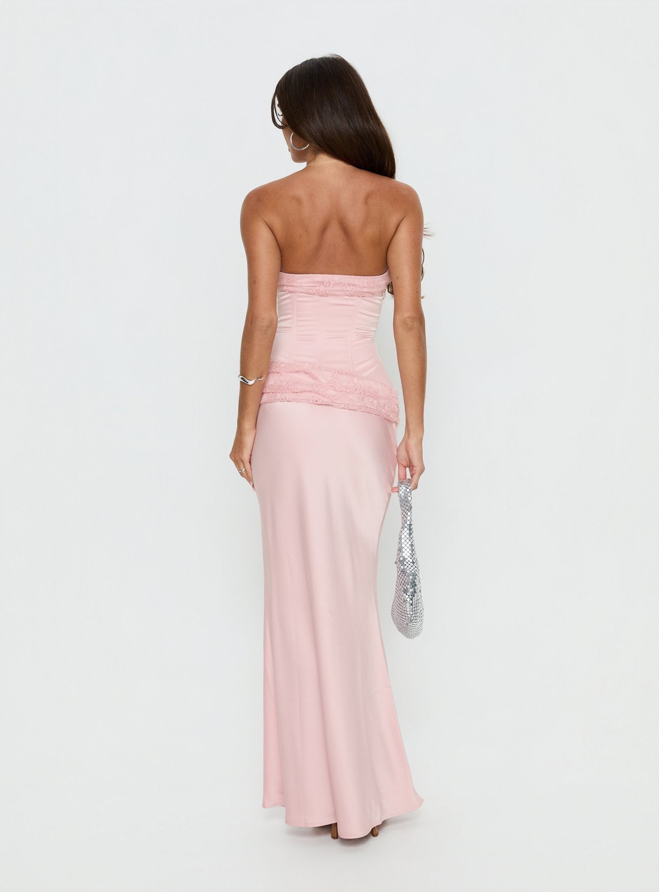 Sura Strapless Lace Detail Maxi Dress Pink