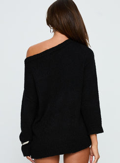 back view of model wearing Princess Polly Esenia Eyelet Detail Knit Sweater Black / Silver Longline Jumpers 