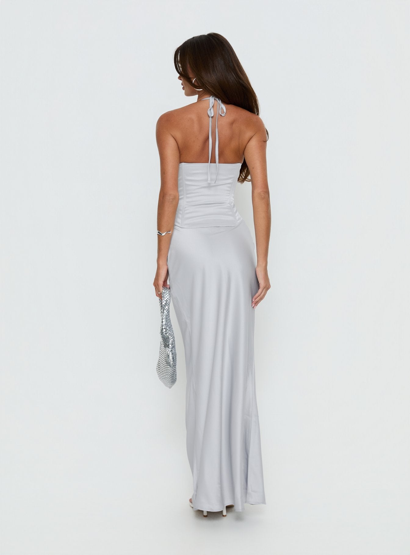 Devotedness Satin Corset Maxi Dress Silver | Princess Polly Devotedness Satin Corset Maxi Dress Silver | Princess Polly