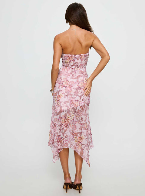 Coralis Strapless Asymmetrical Midi Dress Pink Paisley | Princess Polly Coralis Strapless Asymmetrical Midi Dress Pink Paisley | Princess Polly