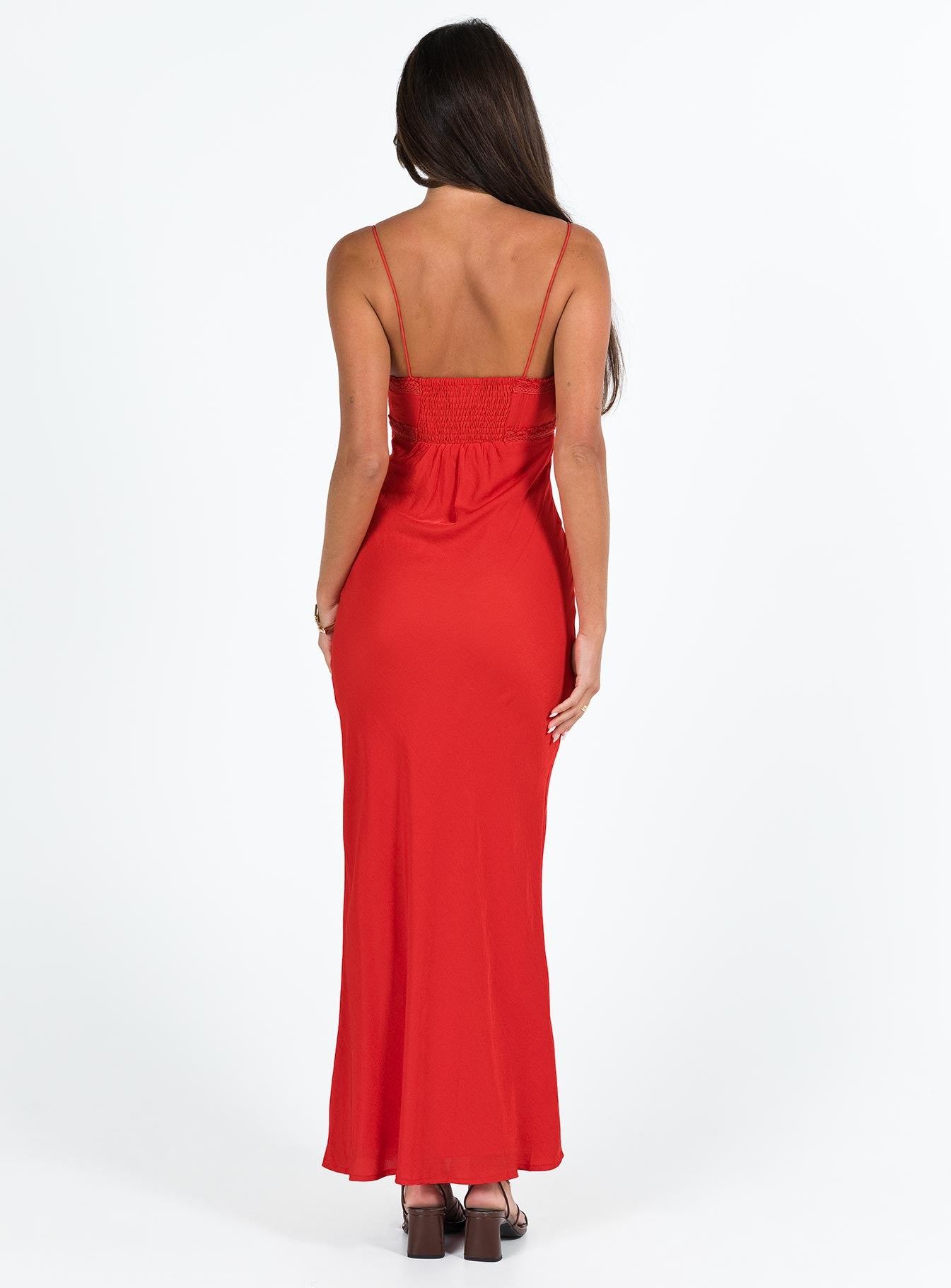 Front view of model wearing  front Princess Polly Asymmetric Neckline  Emily Maxi Dress Red