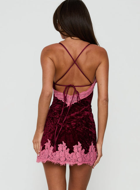 Call My Lover Velvet Lace Slip Mini Dress Plum / Pink