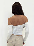 White long sleeve top Off the shoulder design Ruching at sides