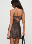 back view of model wearing Princess Polly Linger Bias Cut Dress Brown Scoop Neck 