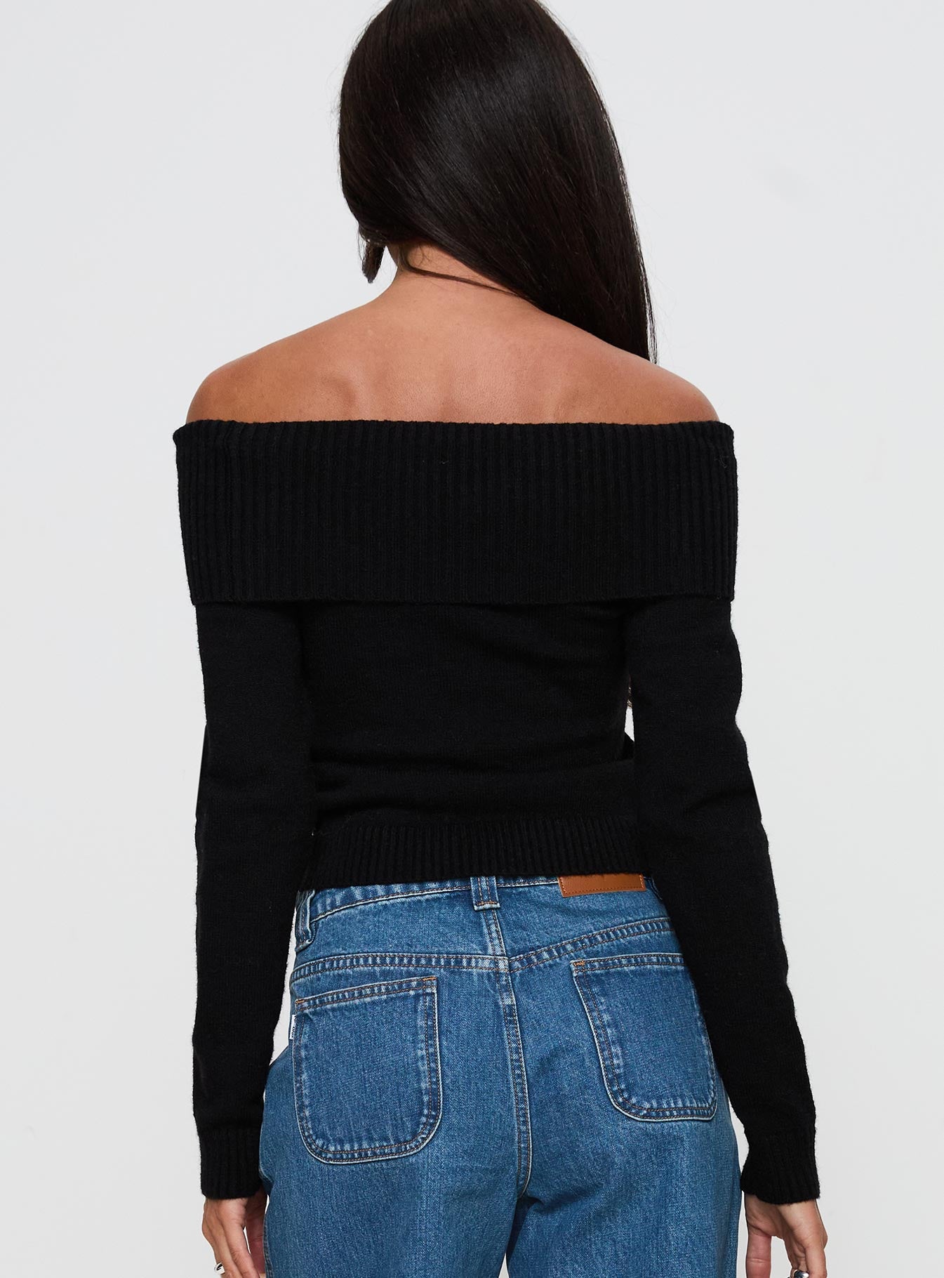 back view of model wearing Princess Polly One For Me Off The Shoulder Long Sleeve Top Black Cropped 