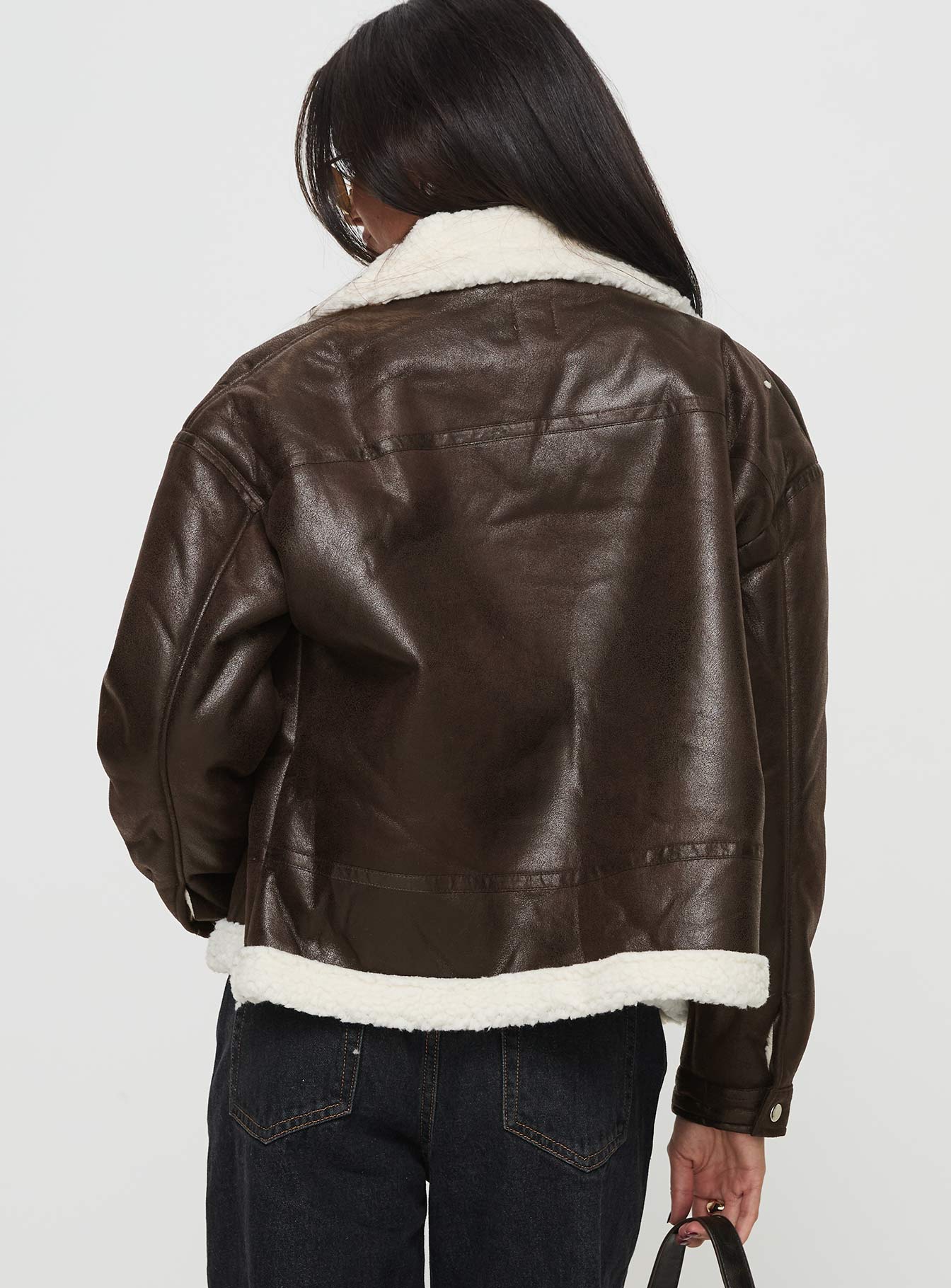 Solara Faux Leather Shearling Jacket Chocolate | Princess Polly