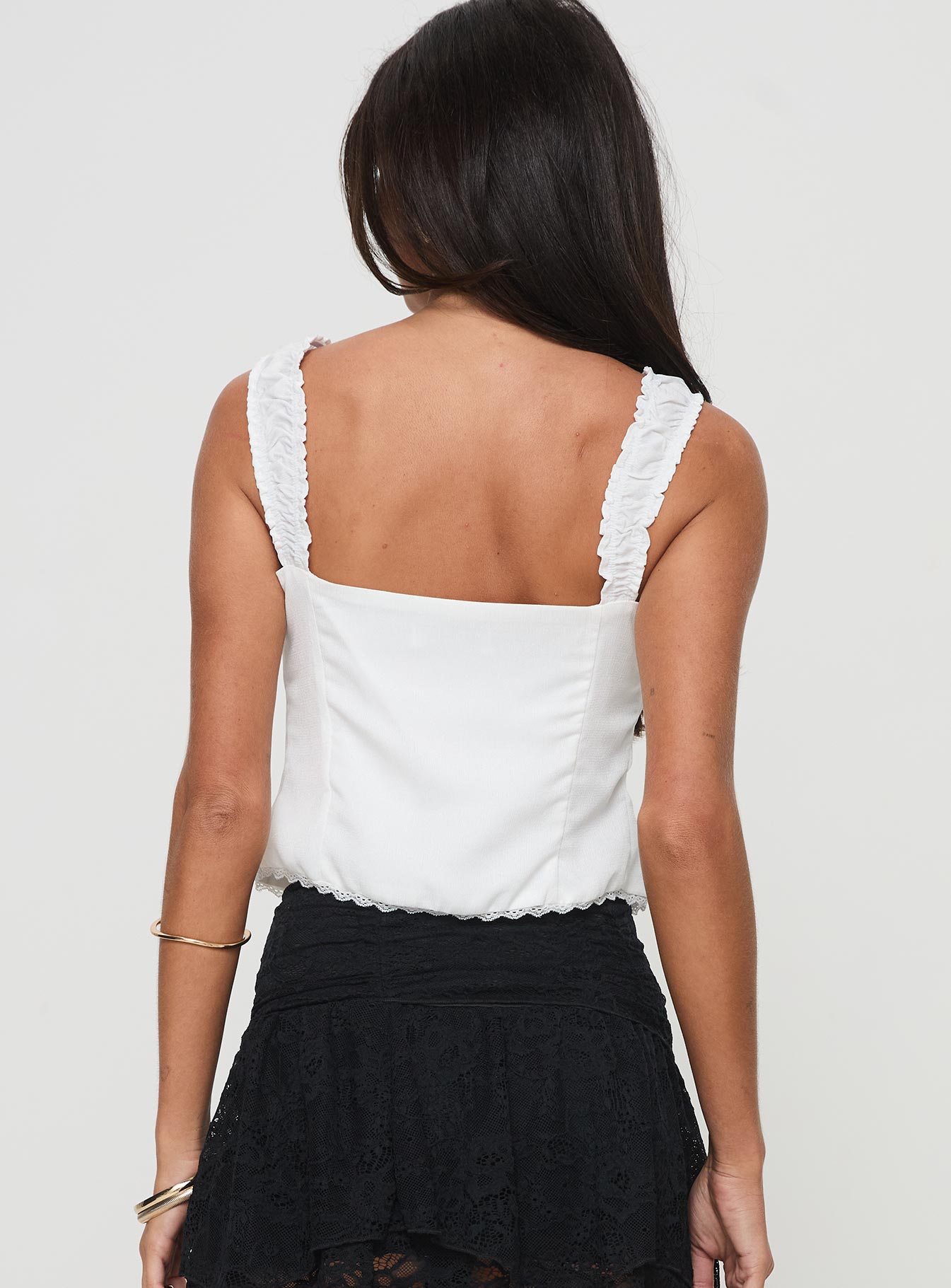 back view of model wearing Princess Polly Alessandro Top White Sleeveless Sweetheart 