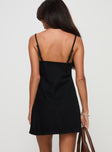 back view of model wearing Princess Polly Arwen Denim Mini Dress Black V-Neck 