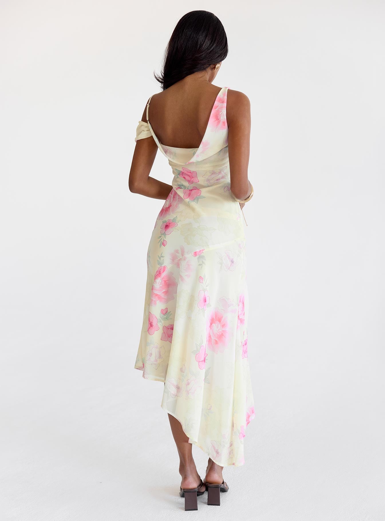 back view of model wearing Princess Polly Somebody Like Me Asymmetrical Midi Dress Pink Floral Cowl Neck 