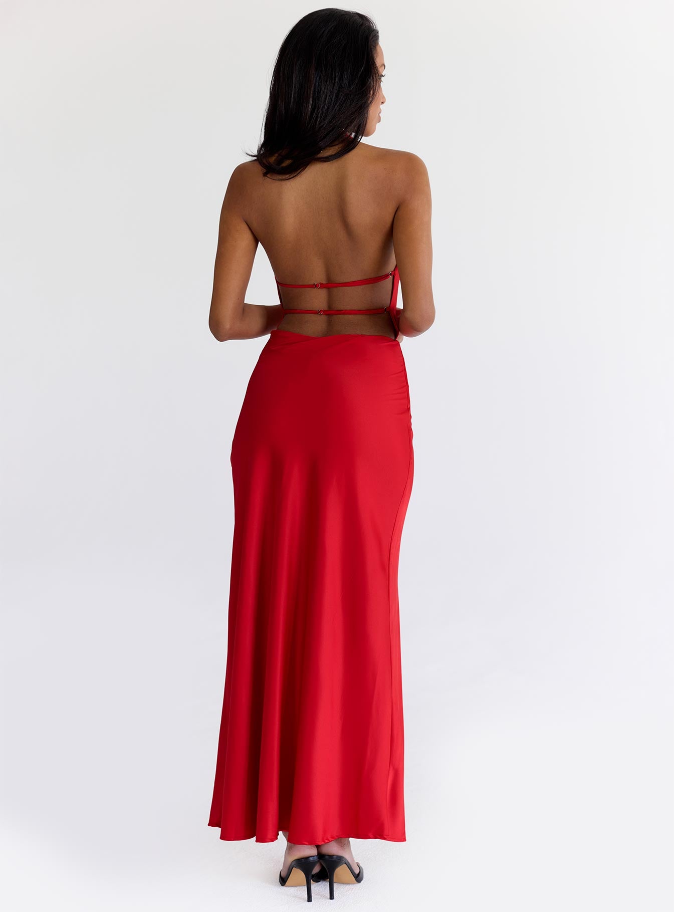 back view of model wearing Princess Polly Iridescent Plunge Maxi Dress Red Plunger 