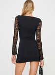 Mini dress Slim fitting, wide neckline, Sheer lace long sleeves, Lace panel detail mid waist,  Good stretch, unlined 