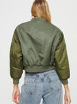 Cropped utility jacket Bomber style, nylon material, button and zip fastening at front, twin chest pockets, ribbed waistband