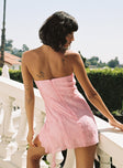 back view of model wearing Princess Polly Tomika Strapless Mini Dress Pink Petite Straight Neck 