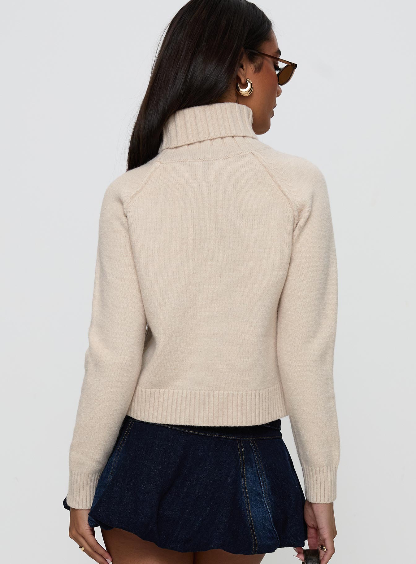 back view of model wearing Princess Polly Enrica Funnel Neck Knit Sweater Cream Cropped 