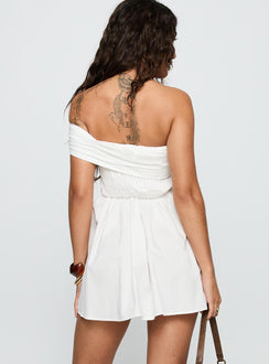 back view of model wearing Princess Polly Fruitful Off Shoulder Mini Dress White Straight Neck 