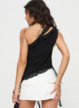 back view of model wearing Princess Polly Timmie One Shoulder Top Black Sleeveless Asymmetric Neckline 