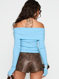 back view of model wearing Princess Polly Morley Off Shoulder Sweater Blue Cropped 