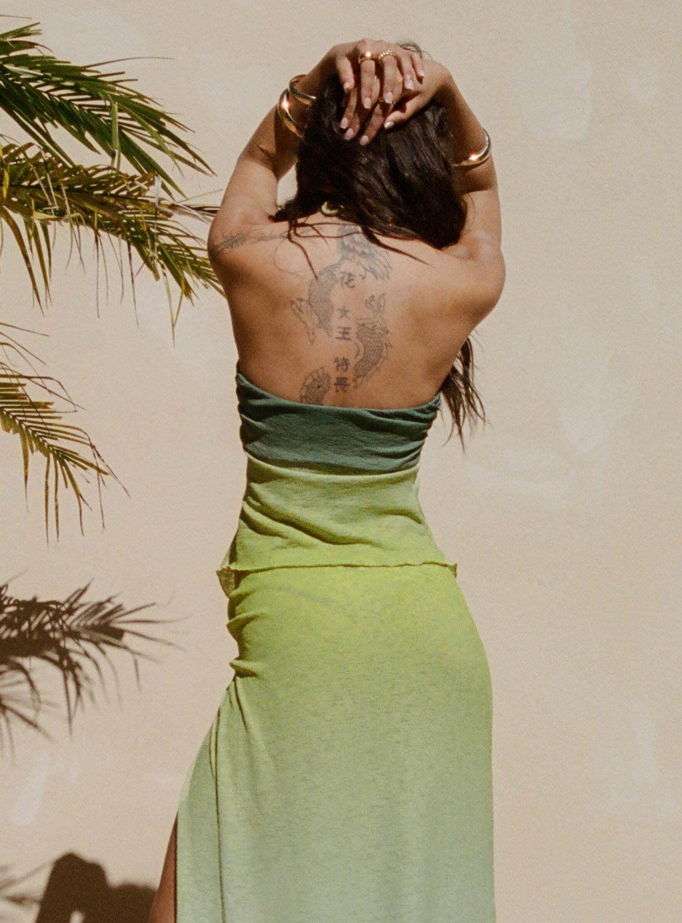 back view of model wearing Princess Polly Star Girl Top Green Ombre Sleeveless Sweetheart 