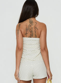 Defined Strapless Gathered Linen Blend Top Cream Polka Dot